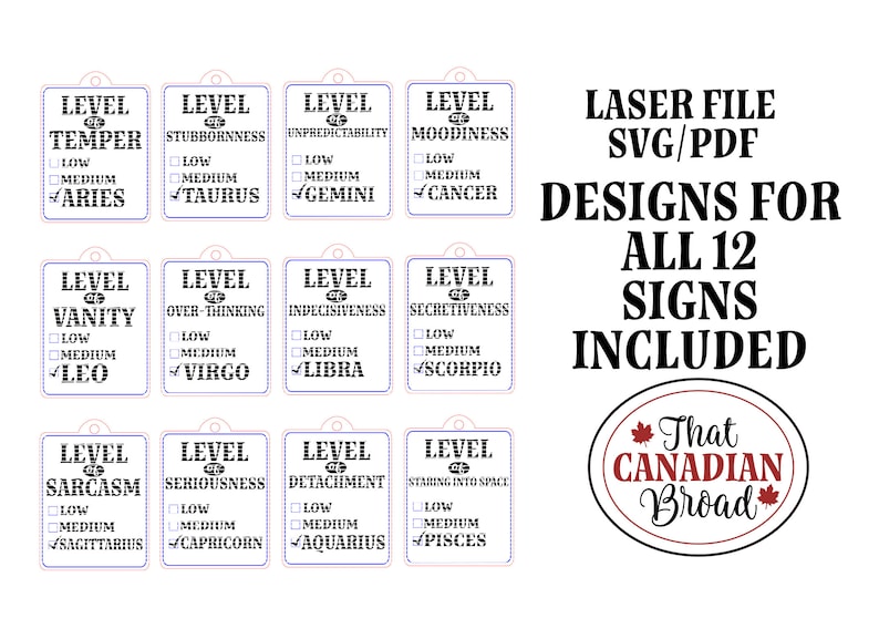 May include: Twelve printable designs for laser cutting, each featuring a zodiac sign with a level of a personality trait. The traits include temper, stubbornness, unpredictability, moodiness, vanity, over-thinking, indecisiveness, secretiveness, sarcasm, seriousness, detachment, and staring into space. The designs are labeled with the zodiac sign and the level of the trait is indicated by a check box for low, medium, or high. The text "That Canadian Broad" is also included in the image.