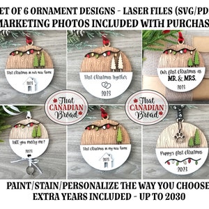 Christmas ornaments, 6 designs, woodgrain, updated to include 2022 to 2030, laser files, svg, pdf