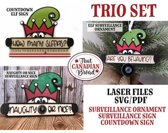 Elf Surveillance Ornament, Elf Surveillance Sign, Elf Countdown Sign TRIO SET, Christmas set, svg & pdf formats, laser files, digital files