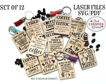 COFFEE themed Keychains Vol 1, 12 Designs, Funny, Sarcastic, Laser file, SVG PDF