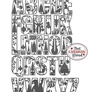 May include: Black and white alphabet with a Christmas theme. Each letter is made up of various Christmas icons, such as trees, ornaments, reindeer, and snowflakes. The letters are in a bold, blocky font.