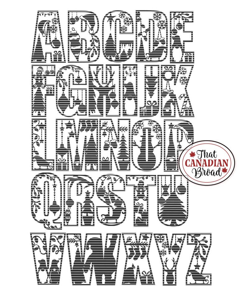 May include: Black and white alphabet with a Christmas theme. Each letter is made up of various Christmas icons, such as trees, ornaments, reindeer, and snowflakes. The letters are in a bold, blocky font.