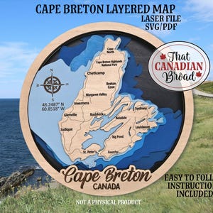 Panneau de carte en couches CAP-BRETON, thème canadien, fichier de découpe laser, fichier numérique uniquement, fichier svg, fichier pdf