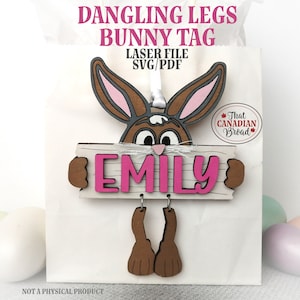 Könnte beinhalten: Ein braunes Kaninchen mit rosa Ohren hält ein Holzschild mit dem Namen "EMILY" in rosa Buchstaben. Die Beine des Kaninchens hängen unter dem Schild. Das Schild ist mit einer Holzmaserung verziert. Das Kaninchen ist eine Laser-Schnitzdatei zum Basteln.