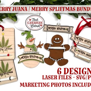 Puede incluir: Seis diseños digitales para corte por láser, con un tema navideño con imágenes de hojas de marihuana y porros. Los diseños incluyen un muñeco de nieve, un hombre de jengibre y pancartas con el texto "Merry Juana" y "Merry Spliffmas".