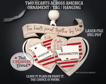 Two Hearts Across America ornament, gift tag, American themed tag for couples, laser file, digital file only