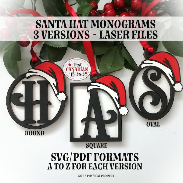 Santa Hat Monogram ornament bundle 3 versions, A to Z, Christmas ornaments, laser files, svg, pdf