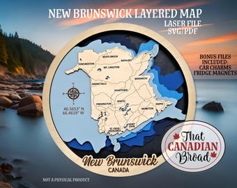 NEW BRUNSWICK layered map sign plus fridge magnet and hanging tag set, Canadian theme, laser file, digital file only, svg file, pdf file