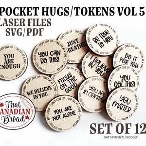 POCKET TOKENS Vol 5 , Pocket Hugs, Set van 12, Affirmatie, Geruststelling, laser, digitaal bestand, herstel, verslaving, geestelijke gezondheid, inspirerend