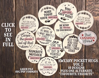 Sweary Pocket Hugs/Tokens Vol 2, Set of 10 (plus 1 with alternate spelling), Inappropriate laser file, Inspiration, Motivation, funny