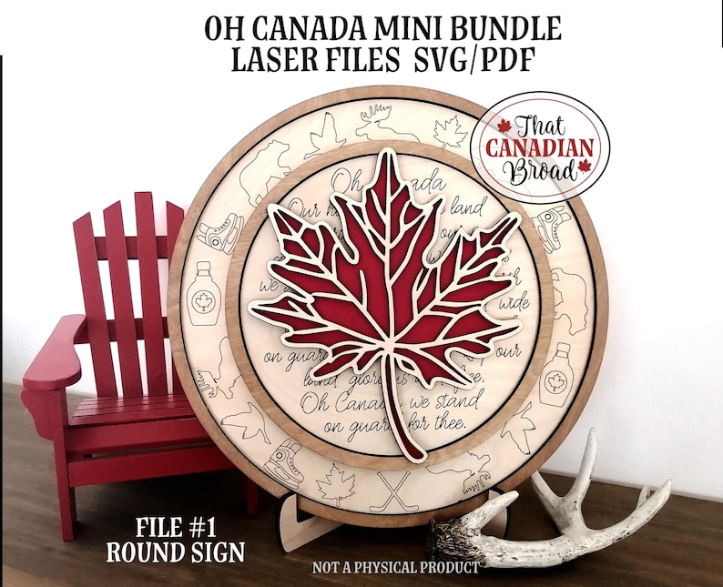Op de afbeelding: Een rond houten bord met een rood esdoornblad en de tekst van "Oh Canada" in een decoratief lettertype. Het bord staat op een witte geweistandaard. De tekst "Bestand #1 Rond bord" staat onderaan de afbeelding. De tekst "Geen fysiek product" staat onderaan de afbeelding.