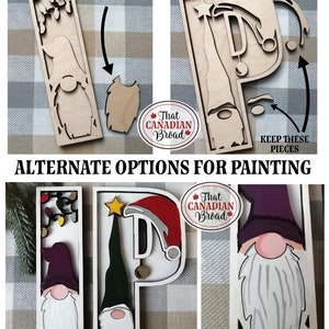 May include: A wooden craft kit for painting a gnome holding a Christmas tree. The kit includes two pieces of wood, one for the gnome and one for the tree. The gnome has a red hat, a white beard, and a green outfit. The tree has a star on top and lights on the branches. The kit is labeled "That Canadian Broad".