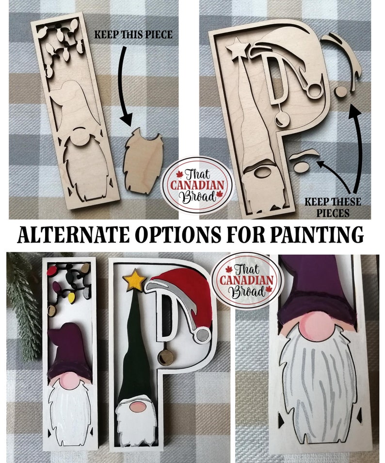 May include: A wooden craft kit for painting a gnome holding a Christmas tree. The kit includes two pieces of wood, one for the gnome and one for the tree. The gnome has a red hat, a white beard, and a green outfit. The tree has a star on top and lights on the branches. The kit is labeled "That Canadian Broad".