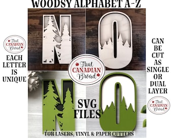 Woodsy themed Alphabet laser file set, A-Z, tree alphabet, 2 layer, SVG files, laser files,