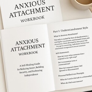 May include: An open workbook titled "Anxious Attachment Workbook" with text on the pages. The workbook is accompanied by a cup of coffee and a pen. The cover reads "Anxious Attachment Workbook".