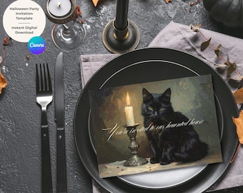 May include: A Halloween party invitation template featuring a black cat with green eyes, a lit candle, and the text "You're invited to our haunted house." The invitation is on a black plate with a fork and knife.
