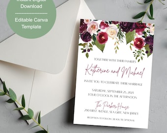Editable Burgundy Floral Wedding Invite • Canva Wedding Template 5x7 • Fall Printable Invitation • Instant Download