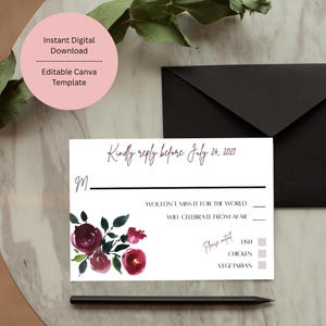 Modèle de carte RSVP floral bordeaux • 3,5 x 5 toiles modifiables sans • Carte réponse pour mariage • RSVP automne aquarelle imprimable • Téléchargement immédiat