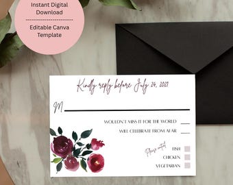 May include: A white wedding RSVP card with burgundy floral accents and the text "Kindly reply before July 24, 2021." Includes options for meal choices and a space to indicate attendance. A black envelope and pencil are also present.