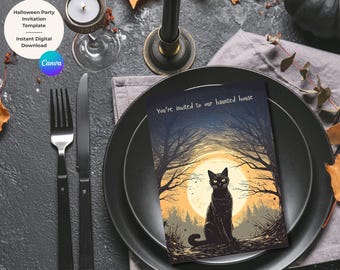 May include: A Halloween party invitation template with the text "You're invited to our haunted house" featuring a black cat and a full moon. The invitation is on a black plate with a fork and knife.