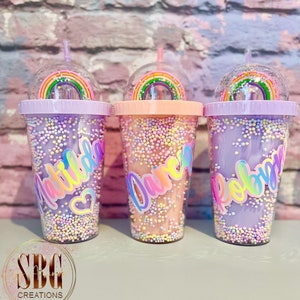 Rainbow tumbler with straw, Personalised double wall tumbler, Smoothie cup, Milkshake Cup, Kids birthday gift, Stocking filler, Summer cup.