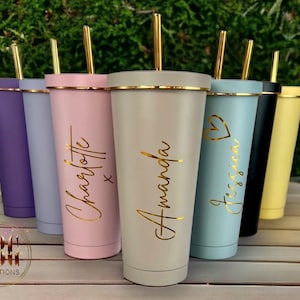 Personalised pastel 750ml tumbler with lid and straw| Insulated stainless steel gold rim luxury cold cup.