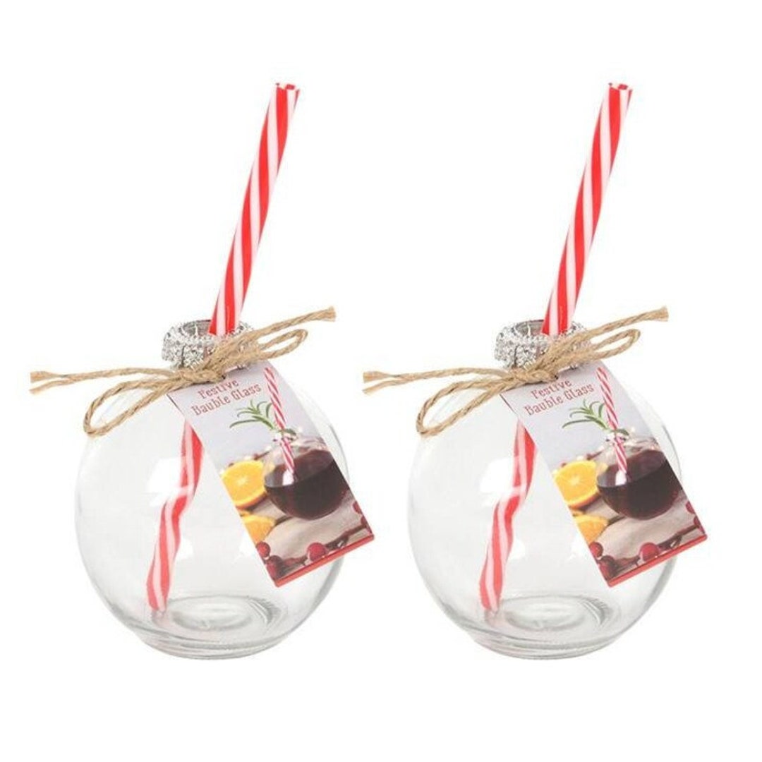 Personalised Christmas Bauble Drinking Glass With Straw, Novelty Glass ...