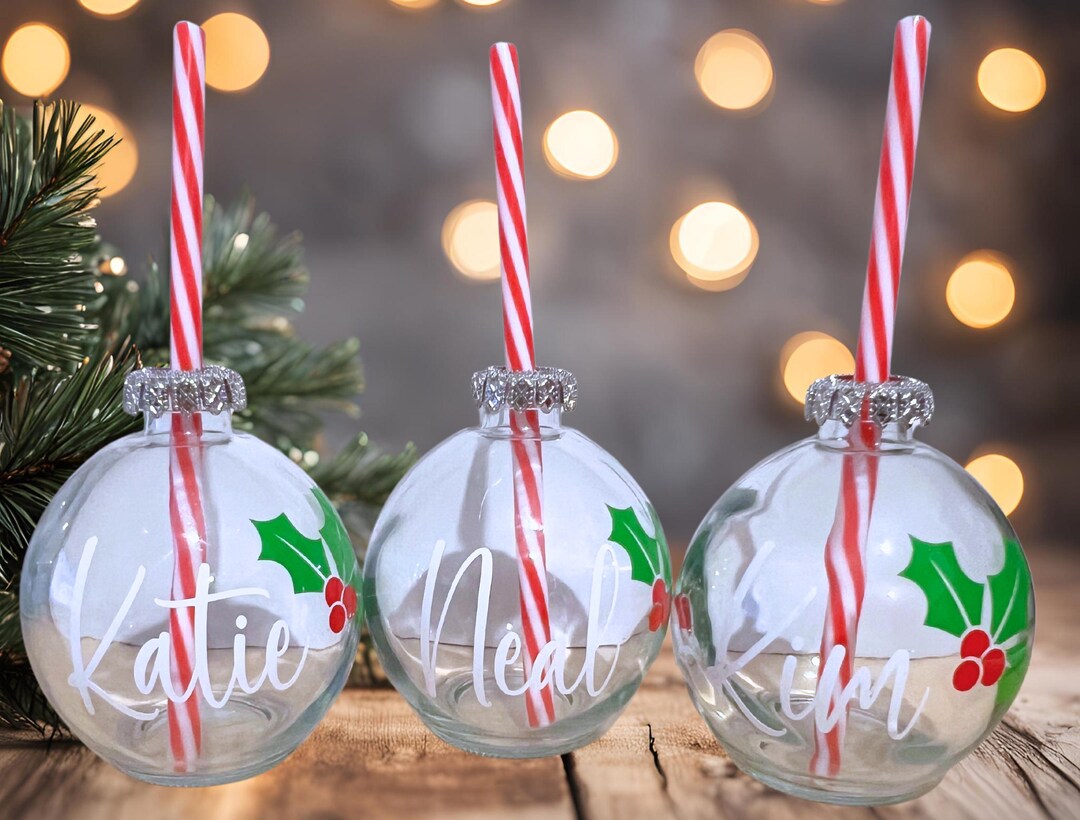 Personalised Christmas Bauble Drinking Glass With Straw, Novelty Glass ...
