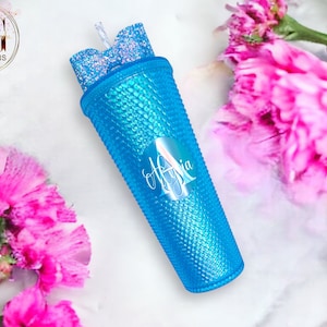 Metallic blue studded tumbler with straw | Personalised double walled luxury cup 24oz | Custom logo