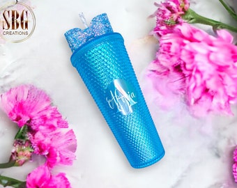 Metallic blue studded tumbler with straw | Personalised double walled luxury cup 24oz | Custom logo