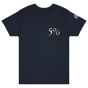 May include: Navy blue t-shirt with the number "5%" printed in an off-white color on the front. The sleeve has the text "BLA BEHAV ANAL" printed vertically in white. The shirt is made of a soft material.