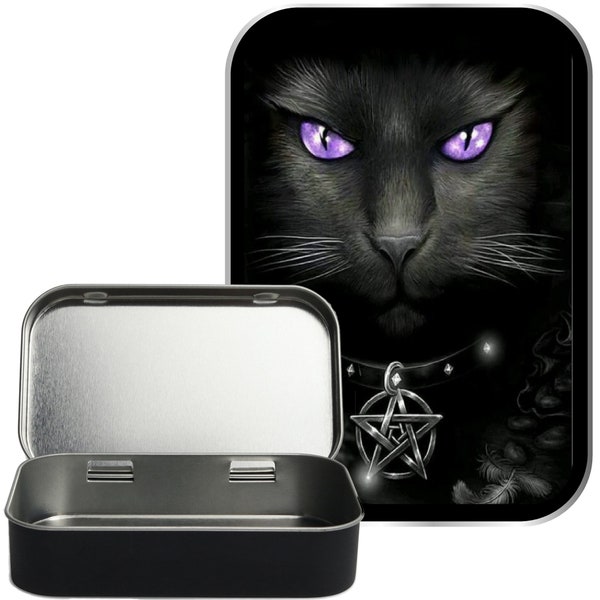 Witches Cat Medium Black Hinged Gift tin, Gift Box, Pill Tin, Pocket Tin