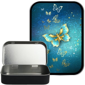 Gold Butterfly Cluster Medium Black Hinged Gift tin, Gift Box, Pill Tin, Pocket Tin