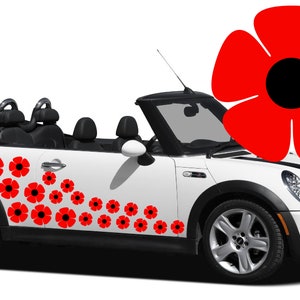 May include: A white convertible car adorned with red poppy flower decals. The car features black racing stripes and a black interior. The poppy decals, of various sizes, are arranged on the car's side, creating a floral design.