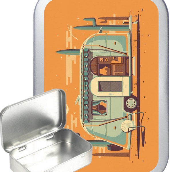 Orange Caravan Medium Silver Hinged Gift tin, Gift Box, Pill Tin, Pocket Tin