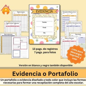 Peut inclure: Un classeur imprimable coloré pour portfolio ou preuves pour les élèves. La couverture présente un motif de pois colorés avec le mot "EVIDENCIA" dans une bannière. Le classeur comprend 13 pages pour les enregistrements et 7 pages pour les photos. Le texte "Listo para descargar, imprimir y usar" est dans un cercle jaune.
