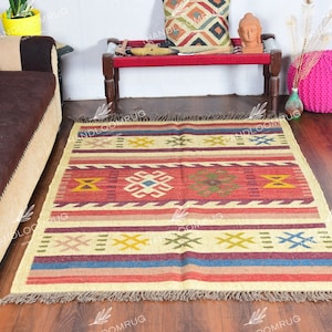 Handmade Wool Jute Kilim Rug: Woven Bricks Design, Large Carpet