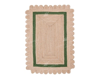 Scalloped Jute Rug: Green Boho Area Rug, Custom Size