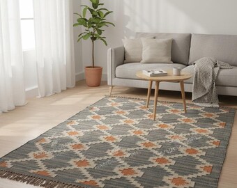 Handmade Wool & Jute Kilim Rug – Bohemian Area Rug, Vintage Style Floor Carpet