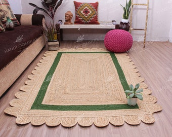 Hand Braided Natural Jute Hand Braided Rug, Green Line Textured Jute Rug, Scalloped Jute Rug, Bohemian Rug, Boho Decor Rug, Eco Friendly Rug