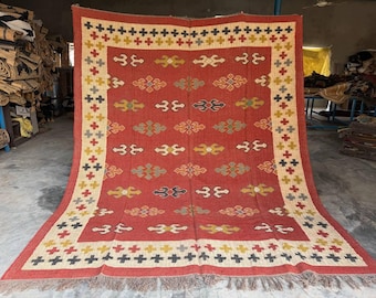 Vintage Wool Jute Kilim Rug, Handwoven, Wool and Jute Rug Handmade, Kilim Dhurrie Rug, Traditional Indian jute Area rug