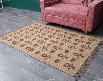 Handwoven Wool Jute Kilim Rug | Traditional Floral Boho Floor Decor