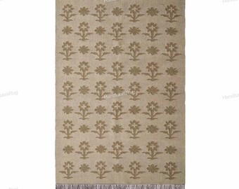 Handwoven Wool Jute Kilim Rug: Beige Brown Floral Bohemian