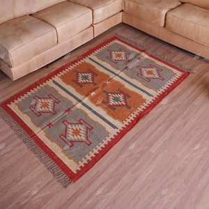 Handwoven Wool Jute Kilim Rug: Boho Indian Design, Custom Size