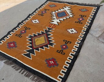 HandloomRug- Handwoven Wool Jute Kilim Rug,  Indian jute Area rug, Vintage Wool Jute Kilim Rug, Geometric Boho Area Rug