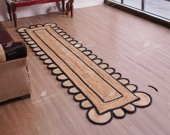 Scalloped Runner, Natural Jute Black Scallop Rug, Jute Runner Rug, Natural Jute Rug, Hallway Runner Rug, Runner Custom Rug