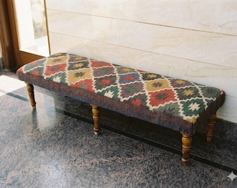 Kilim Upholstered Hallway Bench | Handmade Wooden Bench Seat | Rustic Farmhouse Entryway Bench | Geometric Boho Bench| UK Home Furniture