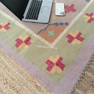 Handwoven Wool Jute Kilim Rug: Traditional Indian Dhurrie