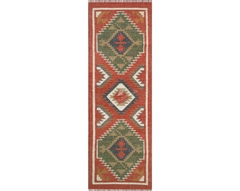 Handwoven Wool Jute Stair Runner Rug: Geometric Kilim Design