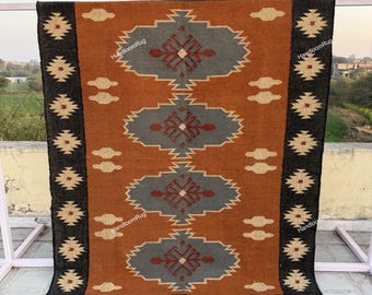 Handmade Large Kilim Rug, Handwoven, Wool and Jute Rug Handmade, Kilim Dhurrie Rug, Motifs, Oriental, Traditional Indian, Geometric boho rug